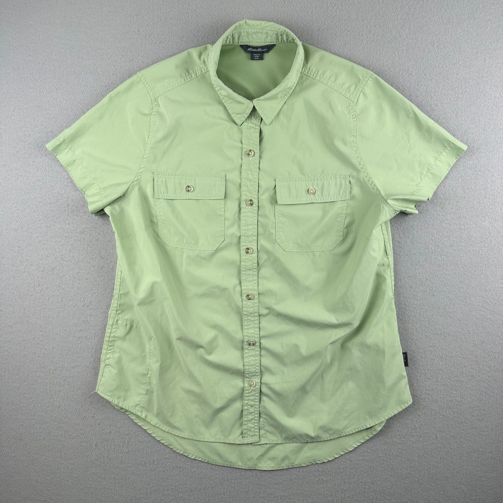 Eddie Bauer Button Up Shirt Womens Medium Green Short Sleeve Utility Mesh Yoke